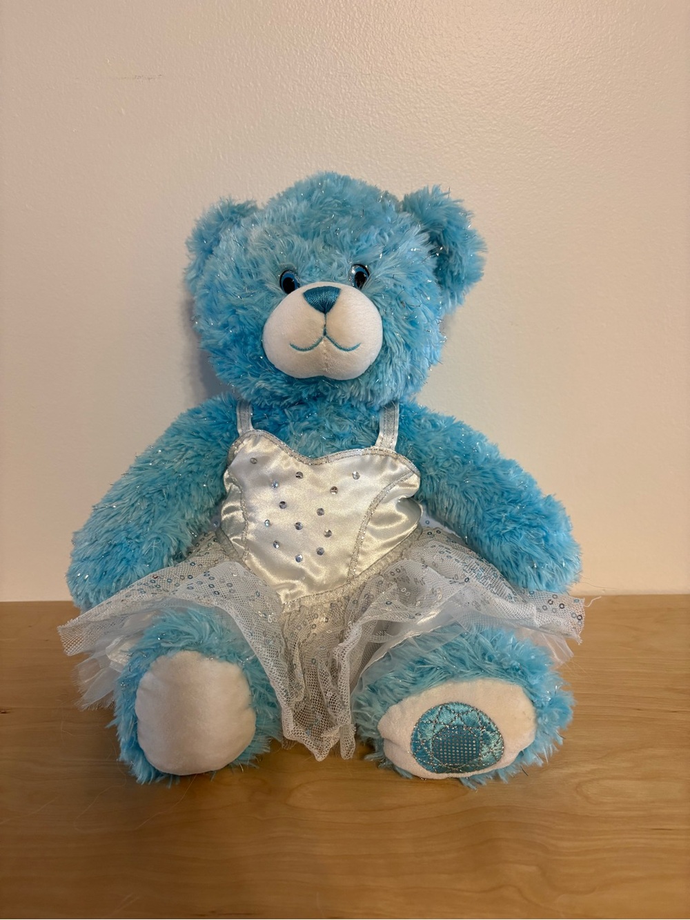 Build-A-Bear Sparkly Blue Plush Bear (Retired) with white dress